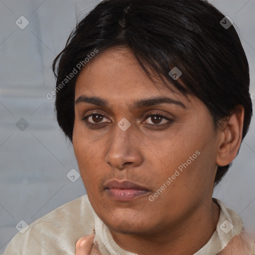 Neutral white young-adult female with short  brown hair and brown eyes