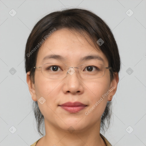 Joyful white adult female with medium  brown hair and brown eyes