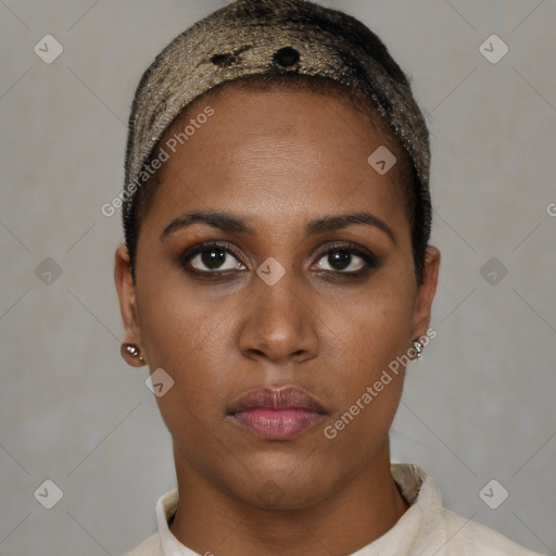 Neutral black young-adult female with short  brown hair and brown eyes