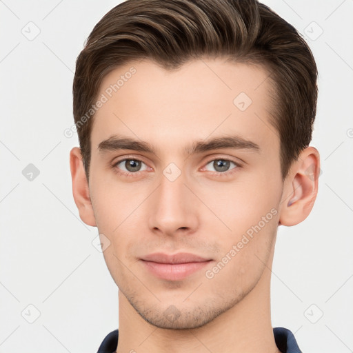 Neutral white young-adult male with short  brown hair and brown eyes