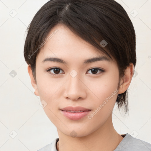 Neutral white young-adult female with medium  brown hair and brown eyes