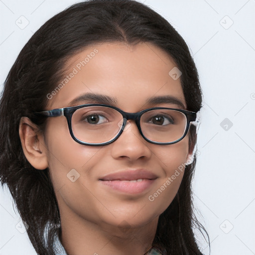 Joyful latino young-adult female with long  brown hair and brown eyes