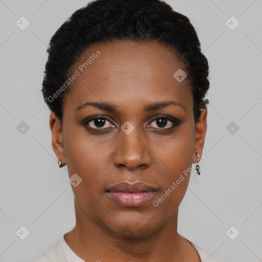 Neutral black young-adult female with short  black hair and brown eyes