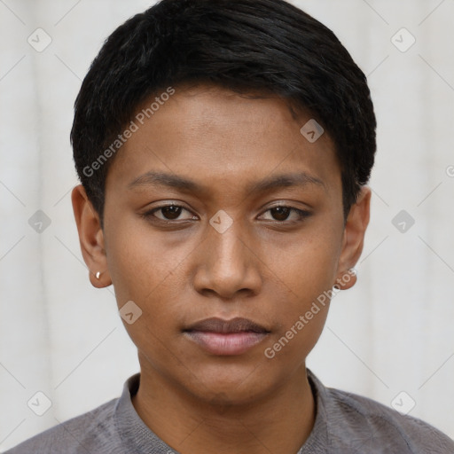 Neutral black young-adult female with short  black hair and brown eyes