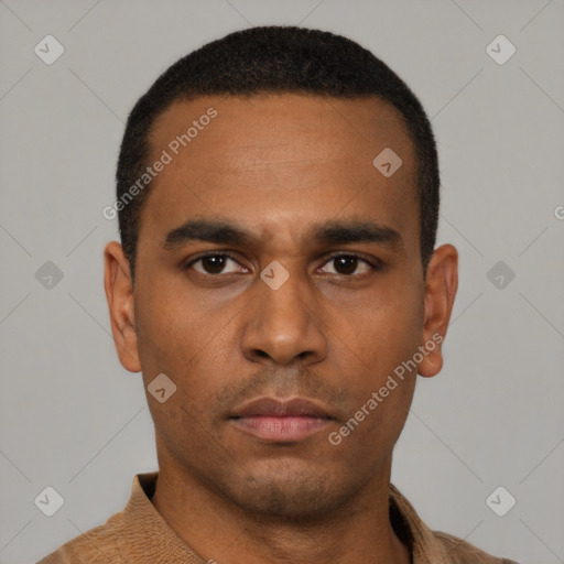 Neutral latino young-adult male with short  black hair and brown eyes