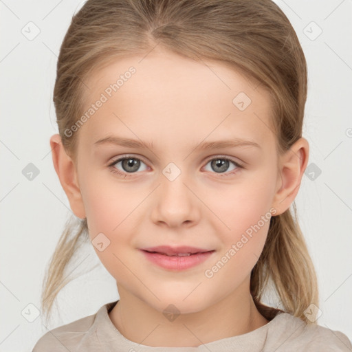 Joyful white child female with medium  brown hair and grey eyes