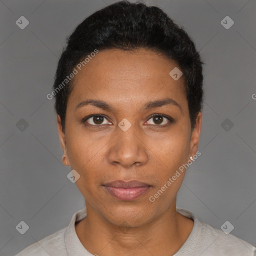 Neutral black young-adult female with short  black hair and brown eyes