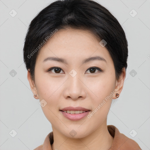 Joyful asian young-adult female with short  brown hair and brown eyes