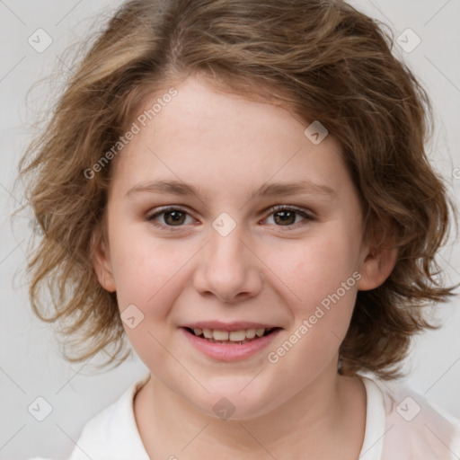 Joyful white child female with medium  brown hair and brown eyes