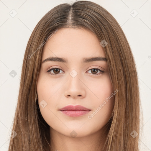 Neutral white young-adult female with long  brown hair and brown eyes