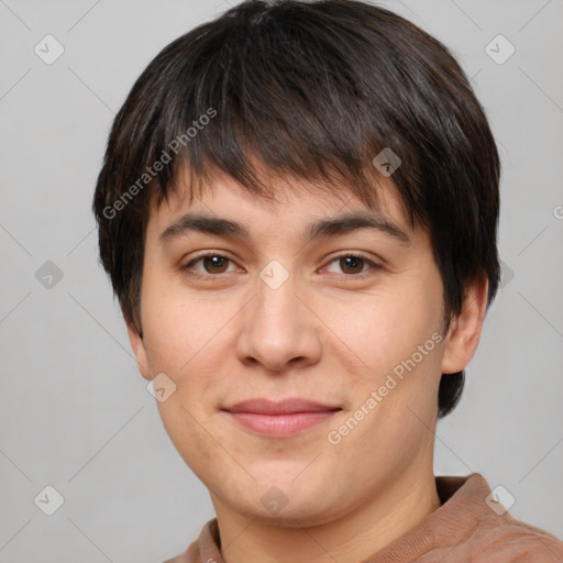 Joyful white young-adult female with short  brown hair and brown eyes