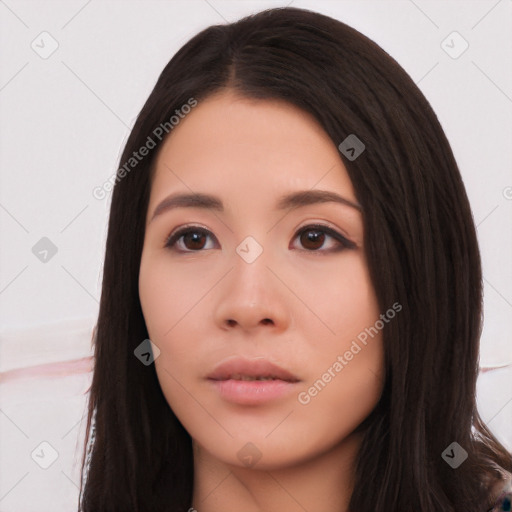 Neutral asian young-adult female with long  black hair and brown eyes