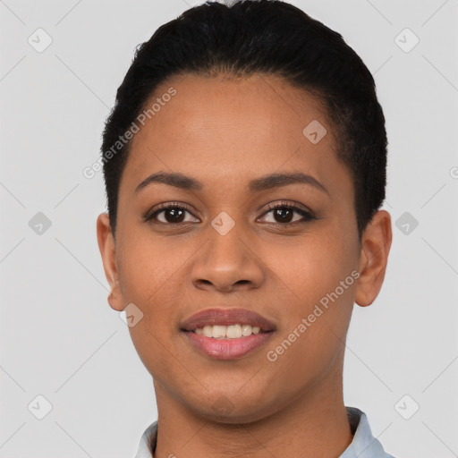 Joyful latino young-adult female with short  black hair and brown eyes