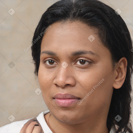 Joyful black young-adult female with medium  brown hair and brown eyes