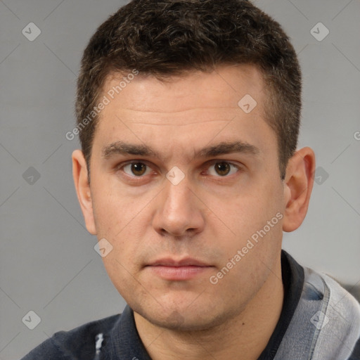 Neutral white young-adult male with short  brown hair and brown eyes