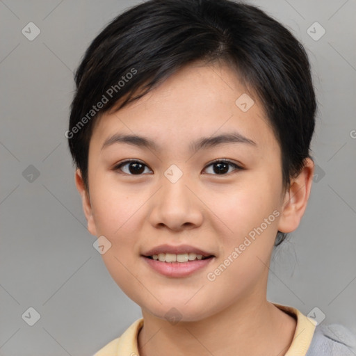 Joyful asian young-adult female with short  brown hair and brown eyes