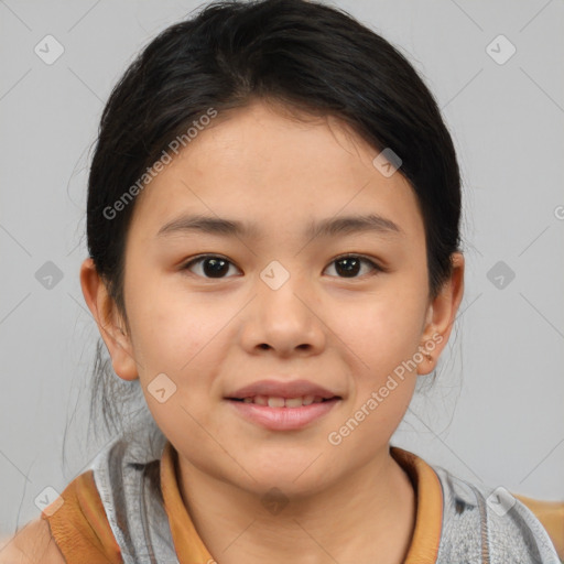 Joyful asian child female with medium  brown hair and brown eyes