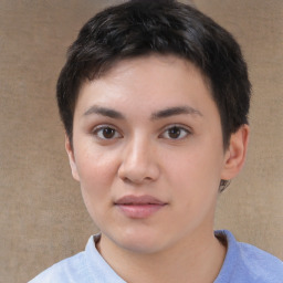 Neutral white young-adult female with short  brown hair and brown eyes