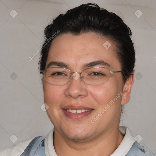 Joyful white adult female with short  brown hair and brown eyes