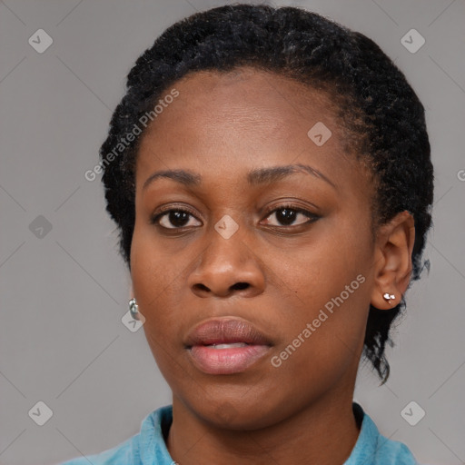 Neutral black young-adult female with short  black hair and brown eyes