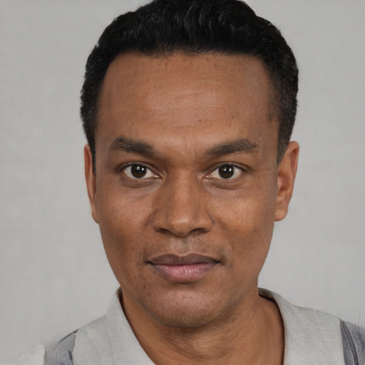 Joyful black adult male with short  black hair and brown eyes