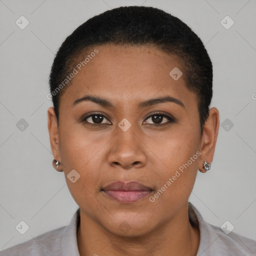 Neutral latino young-adult female with short  brown hair and brown eyes
