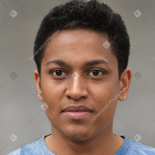 Joyful black young-adult male with short  brown hair and brown eyes