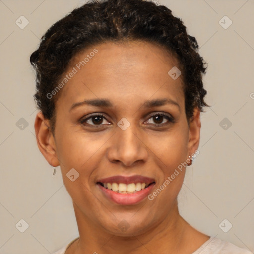 Joyful latino young-adult female with short  brown hair and brown eyes