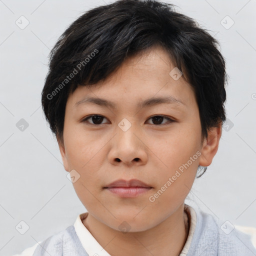 Neutral asian young-adult female with short  brown hair and brown eyes