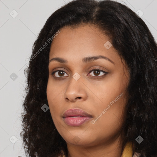 Joyful asian young-adult female with long  brown hair and brown eyes