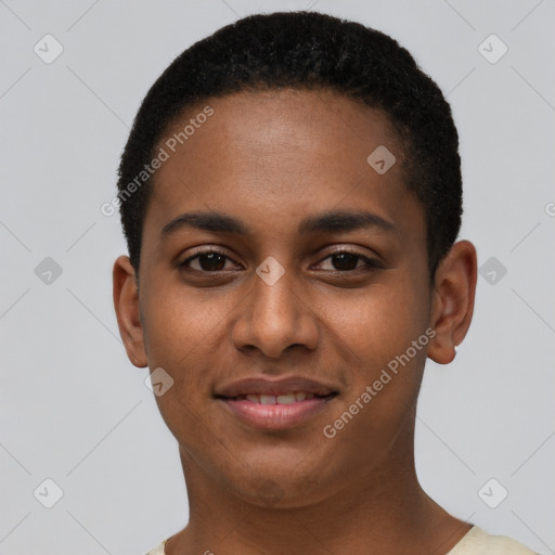 Joyful black young-adult female with short  brown hair and brown eyes