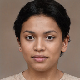 Neutral asian young-adult female with short  black hair and brown eyes