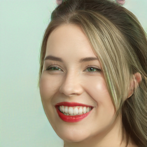 Joyful white young-adult female with long  brown hair and green eyes