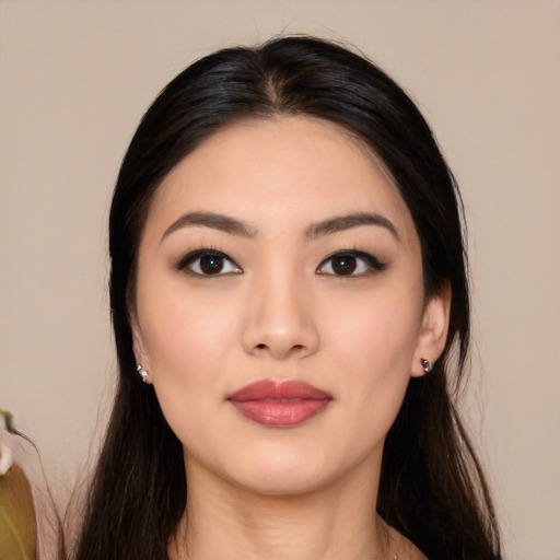 Neutral asian young-adult female with long  black hair and brown eyes