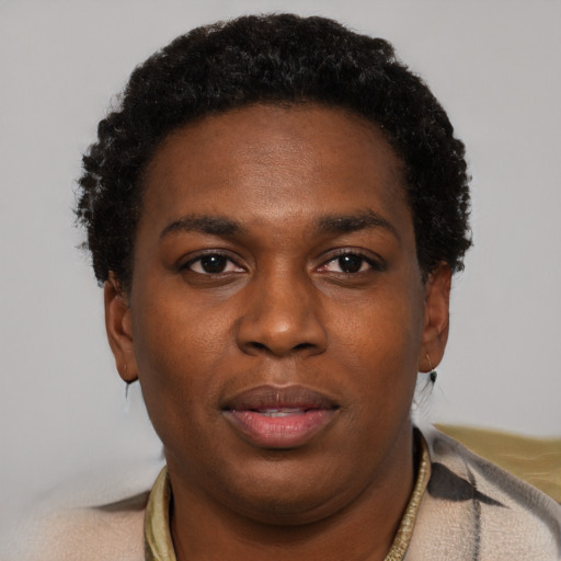 Joyful latino young-adult male with short  brown hair and brown eyes