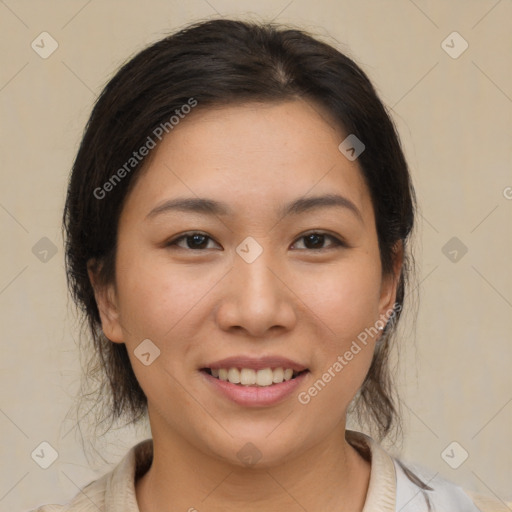 Joyful white young-adult female with medium  brown hair and brown eyes