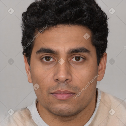 Neutral latino young-adult male with short  black hair and brown eyes