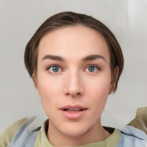 Neutral white young-adult female with medium  brown hair and brown eyes