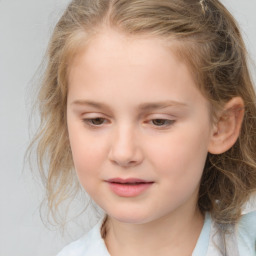 Joyful white child female with medium  brown hair and grey eyes