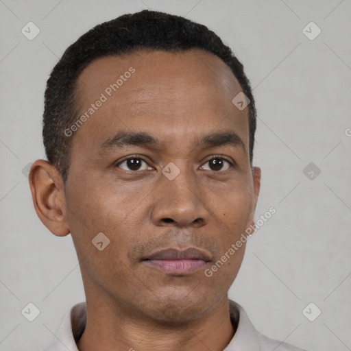 Neutral black young-adult male with short  black hair and brown eyes