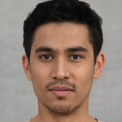 Neutral asian young-adult male with short  black hair and brown eyes