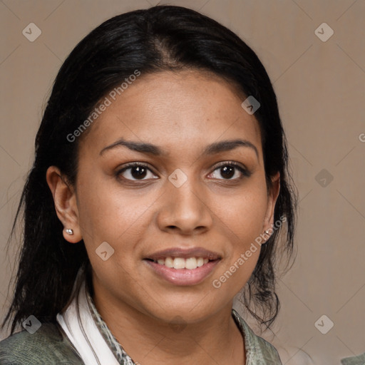 Joyful black young-adult female with medium  brown hair and brown eyes