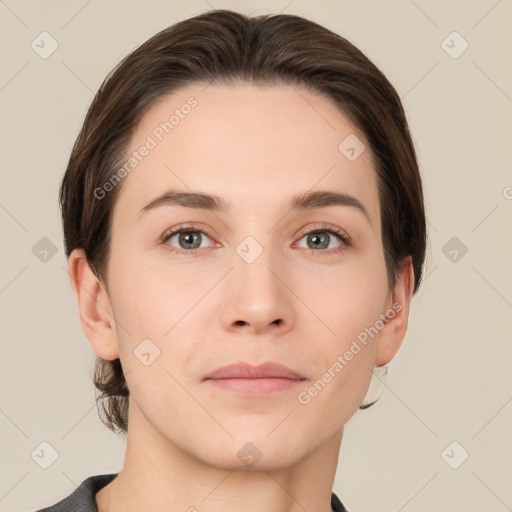 Neutral white young-adult female with short  brown hair and brown eyes