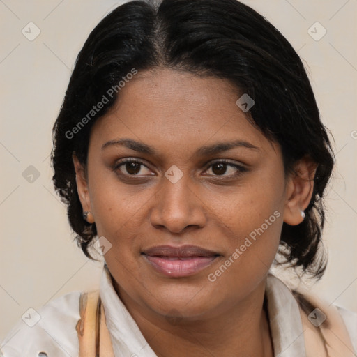 Joyful black young-adult female with medium  brown hair and brown eyes