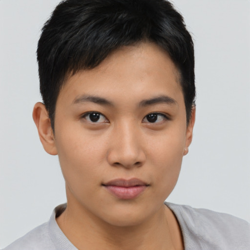 Neutral asian young-adult female with short  brown hair and brown eyes