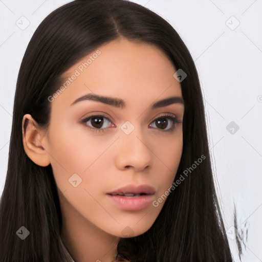 Neutral white young-adult female with long  brown hair and brown eyes