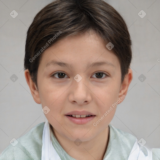 Joyful white child female with short  brown hair and brown eyes