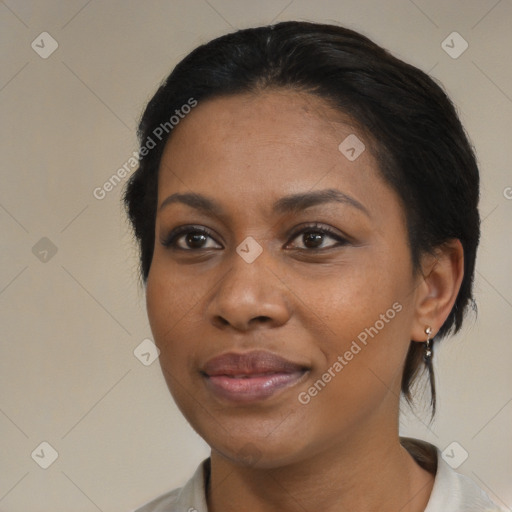 Joyful black young-adult female with medium  brown hair and brown eyes