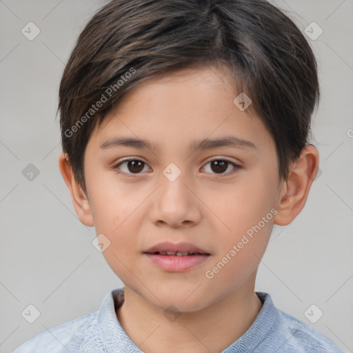 Joyful white child female with short  brown hair and brown eyes