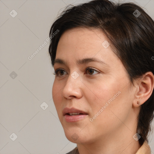 Neutral white young-adult female with medium  brown hair and brown eyes